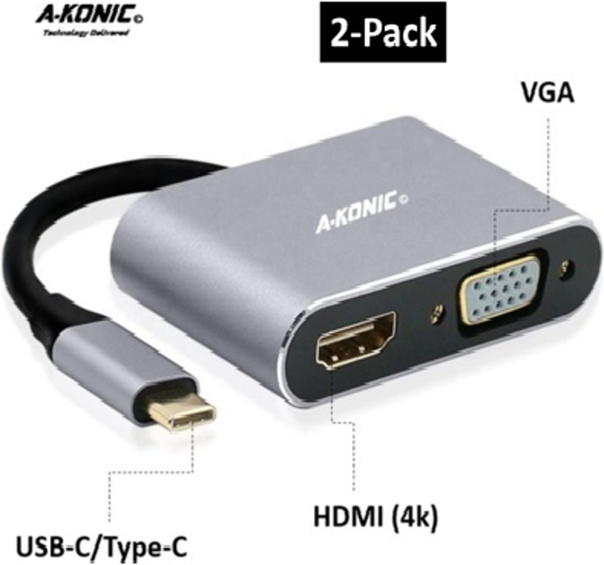 Set van 2 stuks | Usb-c naar HDMI VGA adapter | 2 in 1 type-c to VGA en HDMI-HUB | usb c | 4K | Thunderbolt 3 | Compatible Apple Macbook | Chromebook | IMAC | Surface | XPS | Dell | Lenovo | Samsung | HP |Spacegrey | A-KONIC©